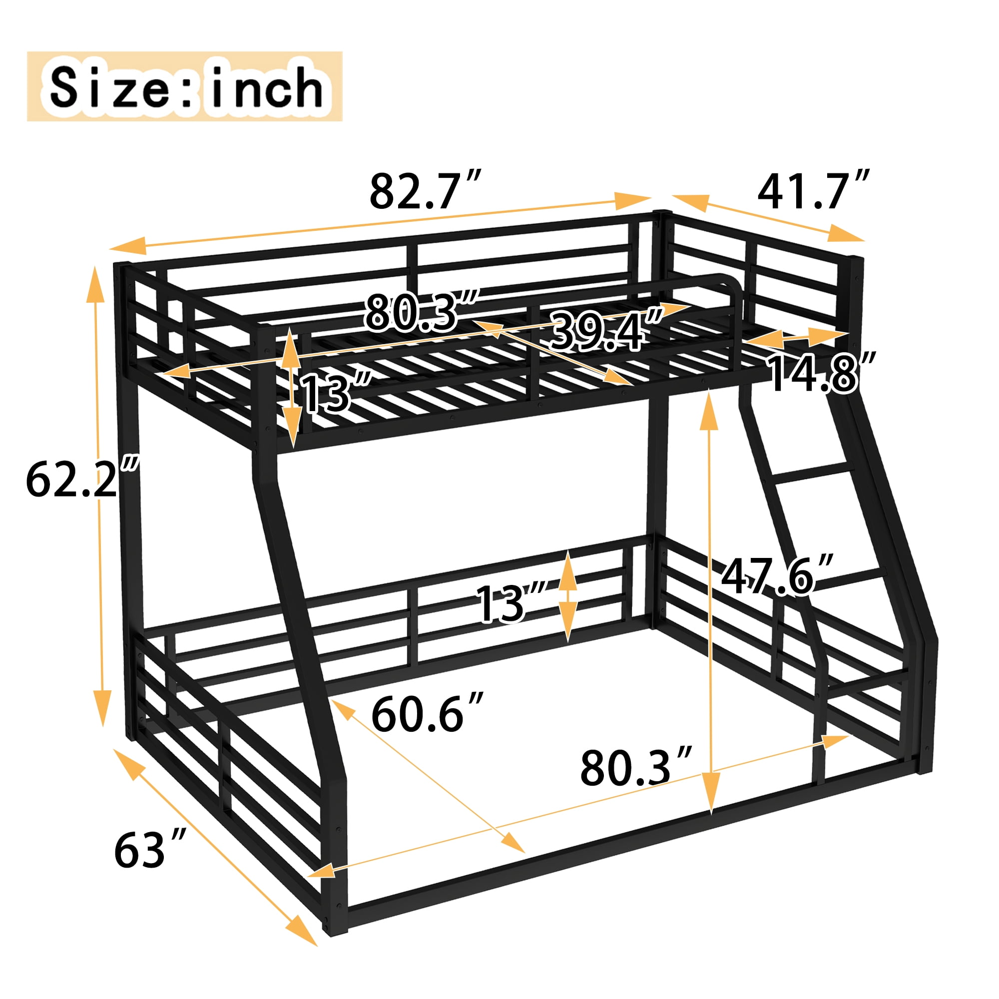 Leumius Metal Bunk Bed,Twin XL over Queen Floor Bunk Bed Frame for Kids/Teens/Adults,Space-Saving/Noise Reduced/No Box Spring Needed,Black