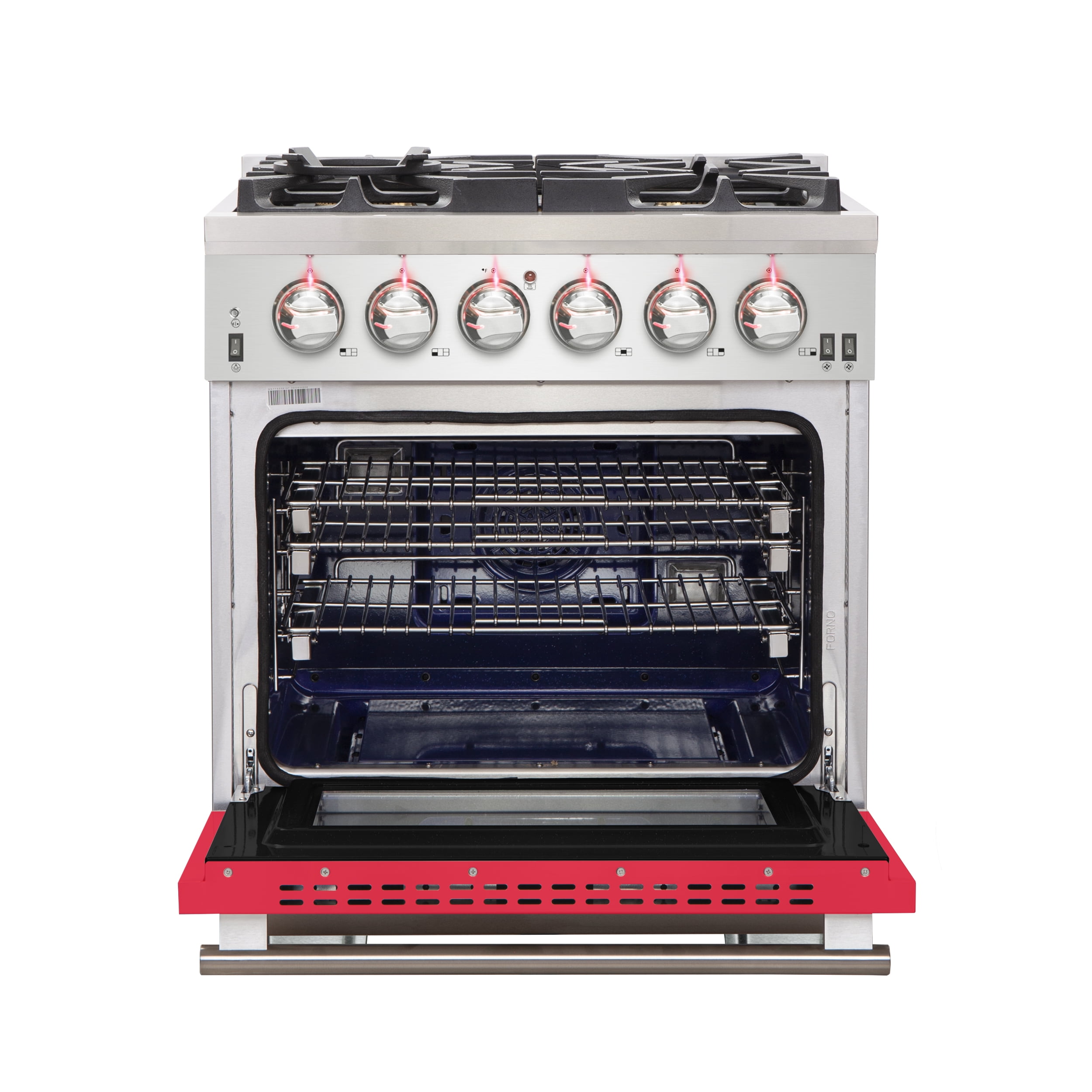 Forno Capriasca 30-Inch Freestanding Gas Range, 4 Burners, True Convection Oven, Red Door