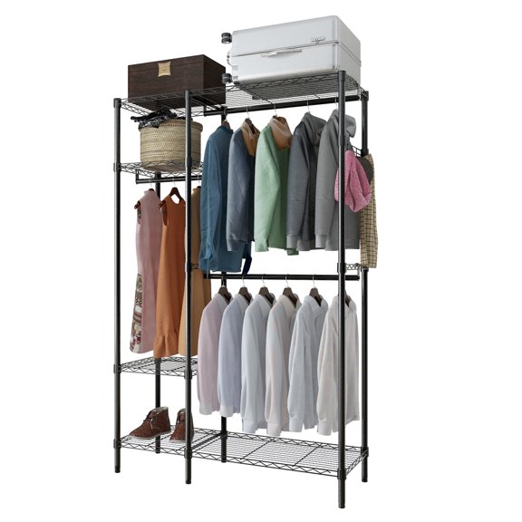 4 Closet Organizer Shelves,2 Rows of Round Tube Hangers with a Row of Four Crochet Hangers,Metal Garment Rack Portable Clothes Hanger Home Shelf,Open Wardrobe Iron 114*42*180cm Black