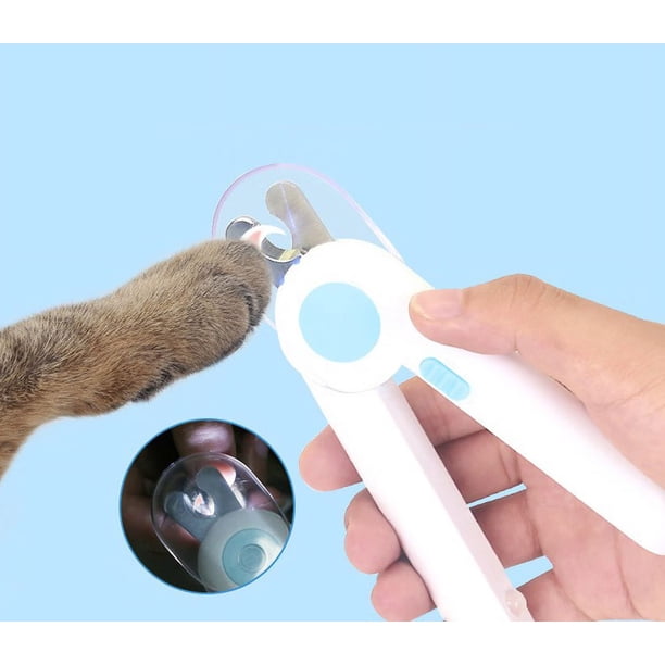 Cortaúñas de acero inoxidable para gatos, color blanco y azul, ideal para manicura y cuidado de mascotas.