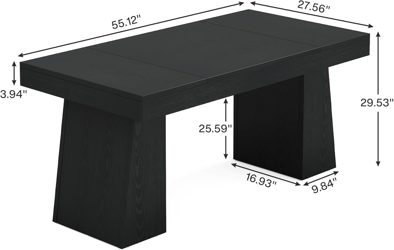 Rectangular 55" Dining Table for 4-6, Mid-Century Modern Kitchen Dining Table, Black