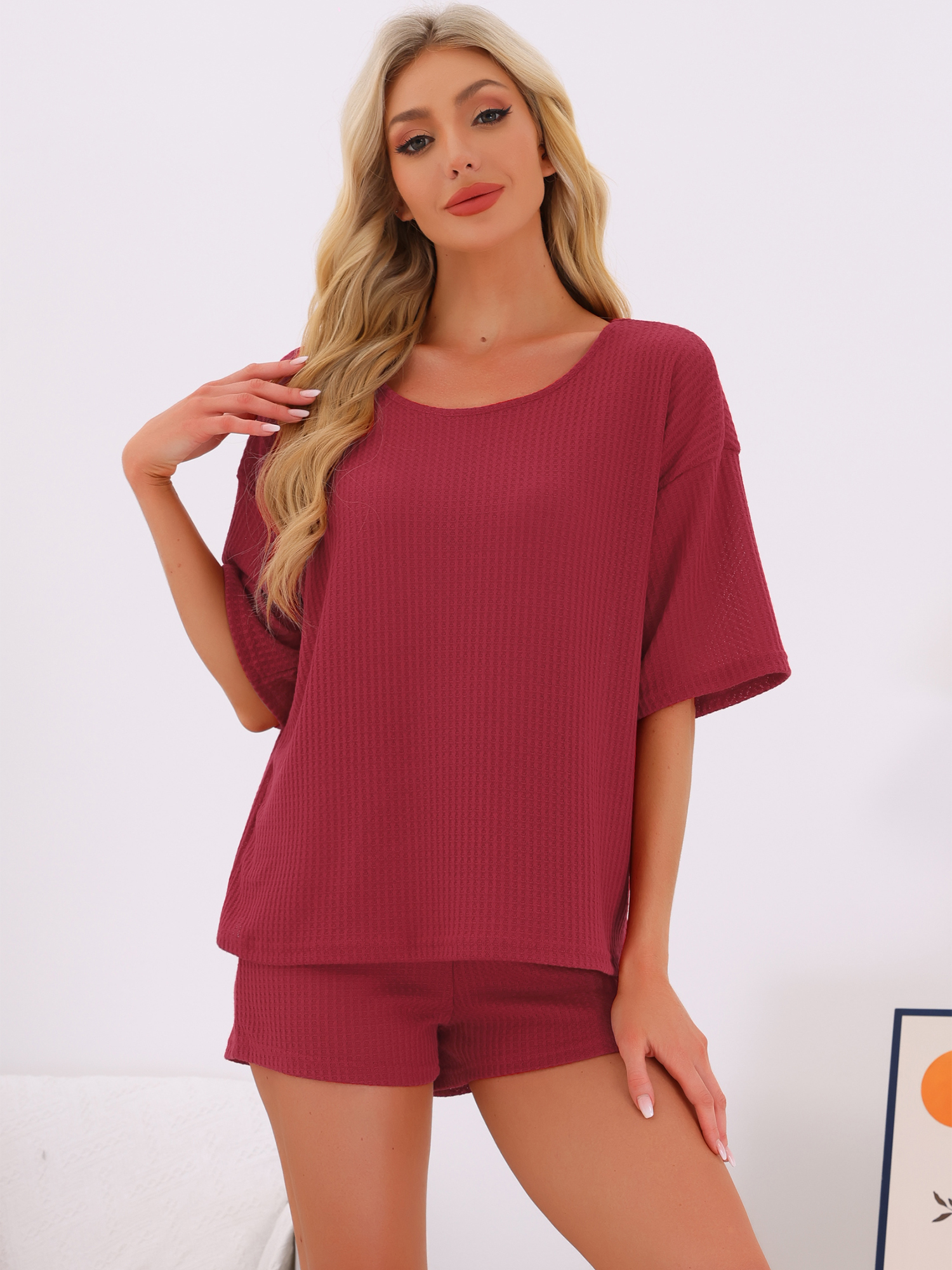 DARING DIVA Waffle Knit Pajama Loungewear 2 Pieces Lounge Sets M Red