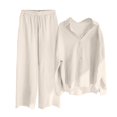 thumbnail image 4 of felwors Womens Cotton Linen Set 2Pcs Summer Casual Long Sleeve Collar Button Down Shirt Elastic Waist Loungewear Pants(Beige, S), 4 of 4