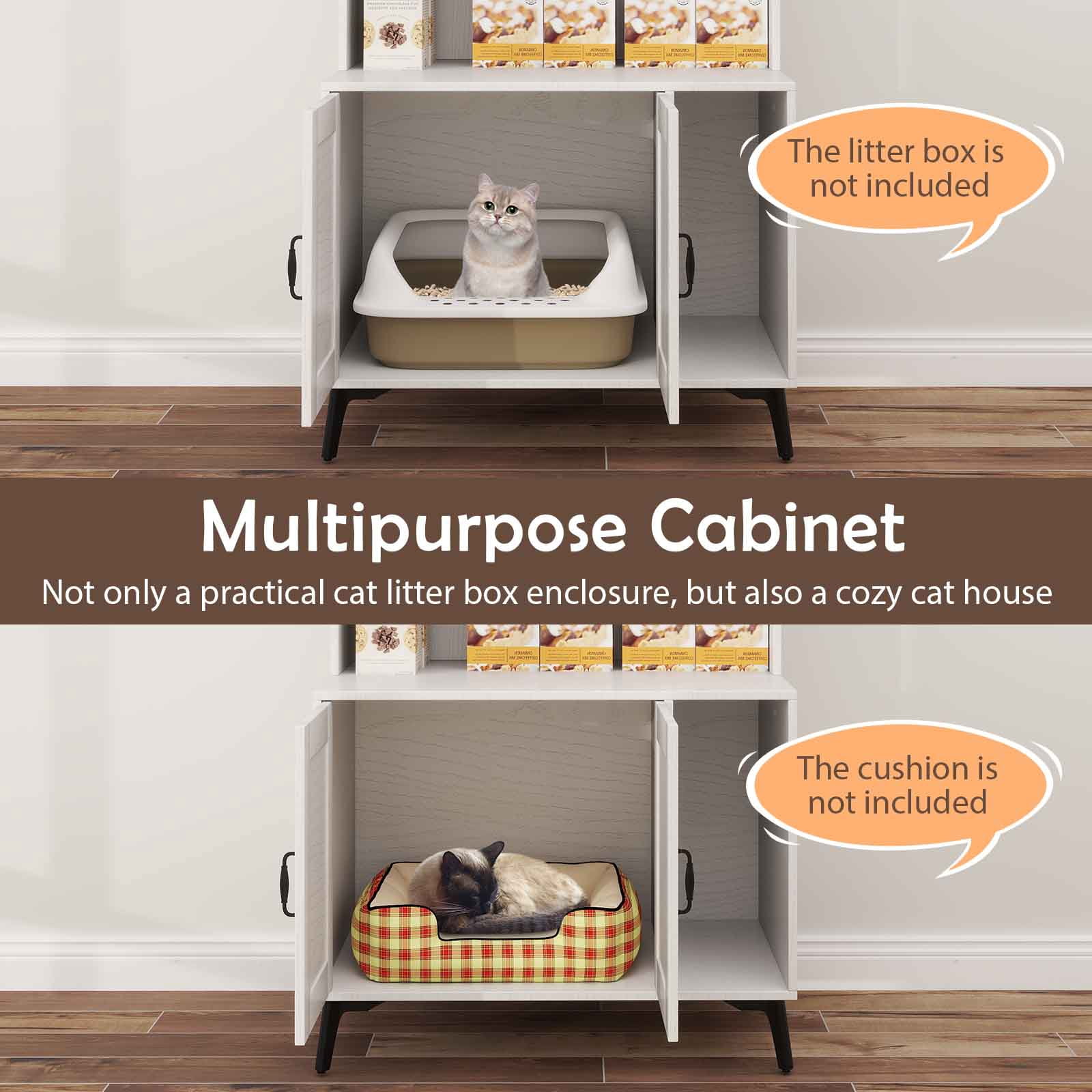 Gymax Large Cat Litter Box Enclosure w/ Display Storage Shelves Hidden Cat Furniture White