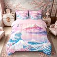 thumbnail image 3 of Manfei Pastel Fuji Wave Twin Bedding Sets for Home, Sakura Crane Bedding Comforter Set for Office, Pink Blue White, Pink Reversible7-Piece, 3 of 6