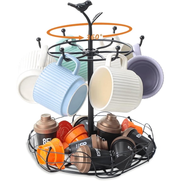 Rotating Mug Tree for Countertop | Decorative Bird & Nest Mug Holder with Storage Basket | Holds 6 Mugs & Pods | 360° Spinning Coffee Cup Rack for Kitchen, Coffee Bar Accessories & Home Décor