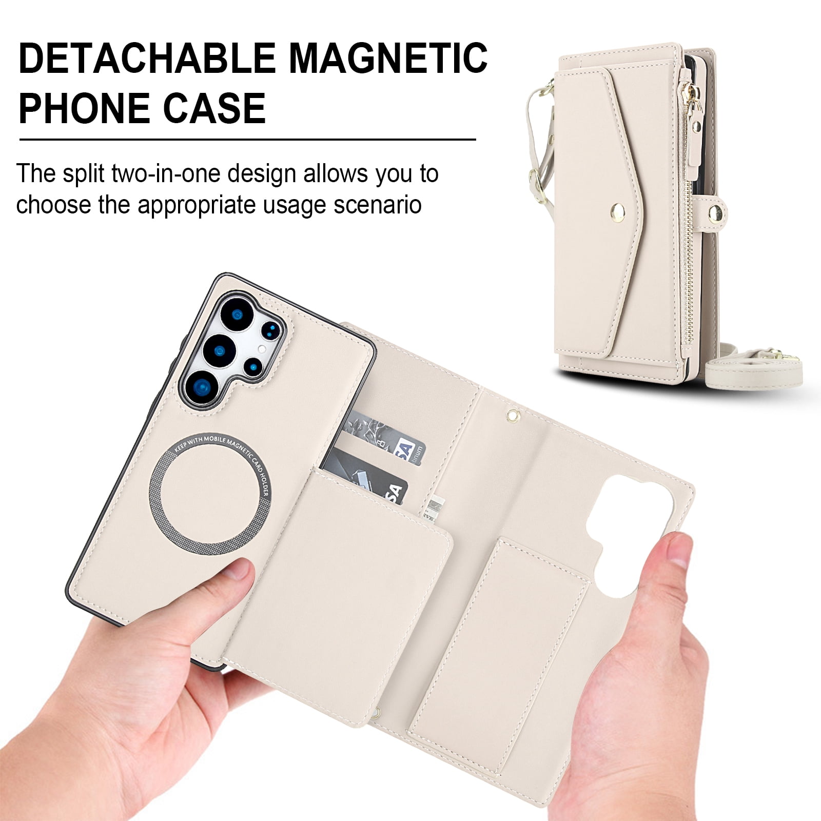 Designed for Samsung Galaxy S24 FE Multi-Function Wallet Phone Case,With Shoulder Strap&Wrist Strap,Cash Pocket&Card Slots,Zipper Purse,Magnetic Detachable PU Leather Flip Phone Case,White