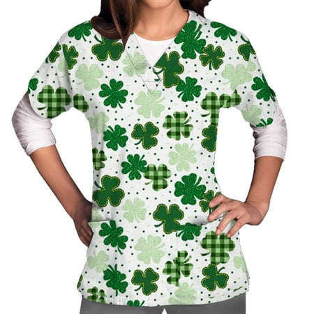 

SOOMLON Holiday Scrub Tops for Women Clover Print Nursing Uniform with Pocket Casual Short Sleeve V Neck St. Patrick s Day Blouse Adult Tops Rockabilly Sweatshirt Army Green M