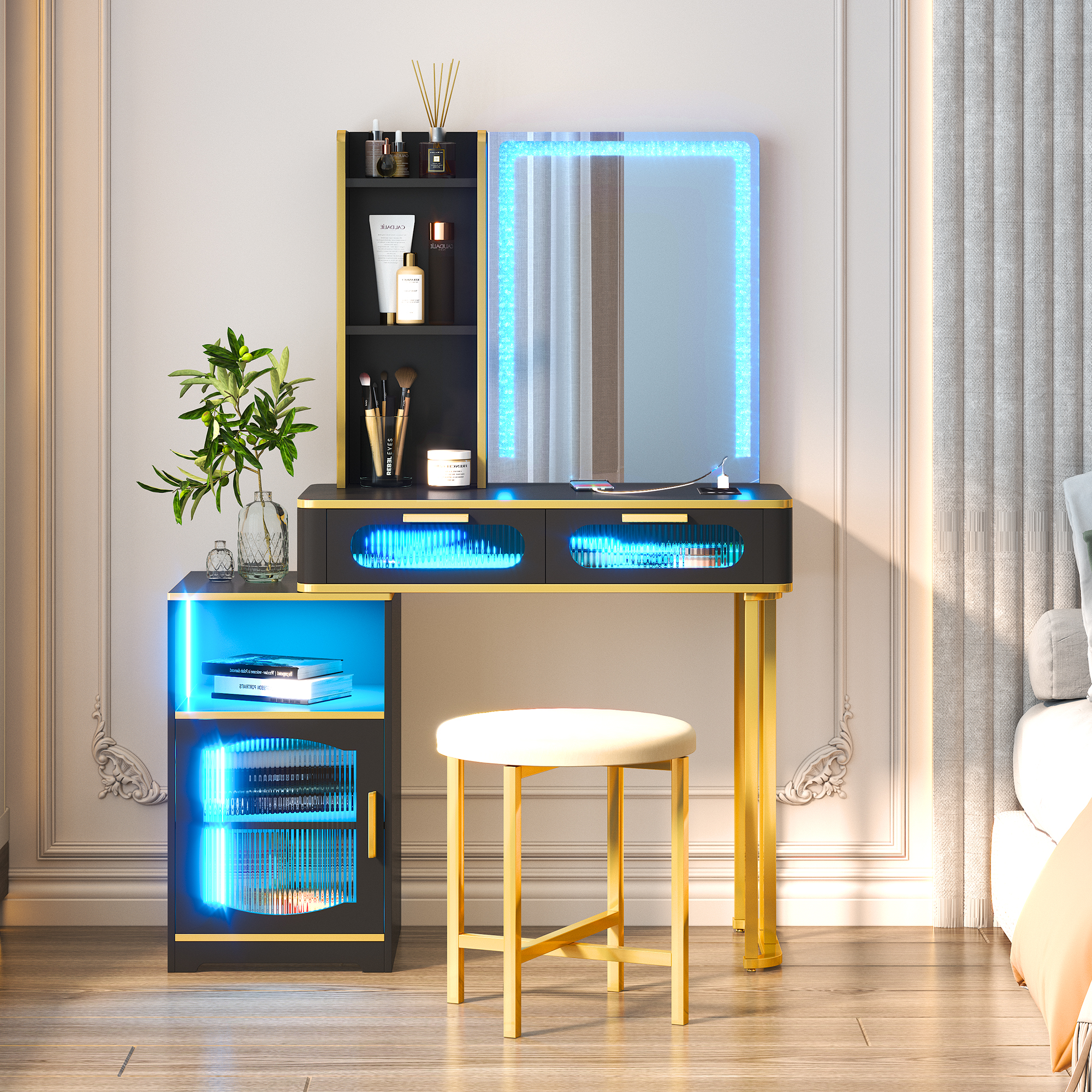 LVSOMT Makeup Vanity Desk Set with Mirror and Lights, LED Makeup Vanity