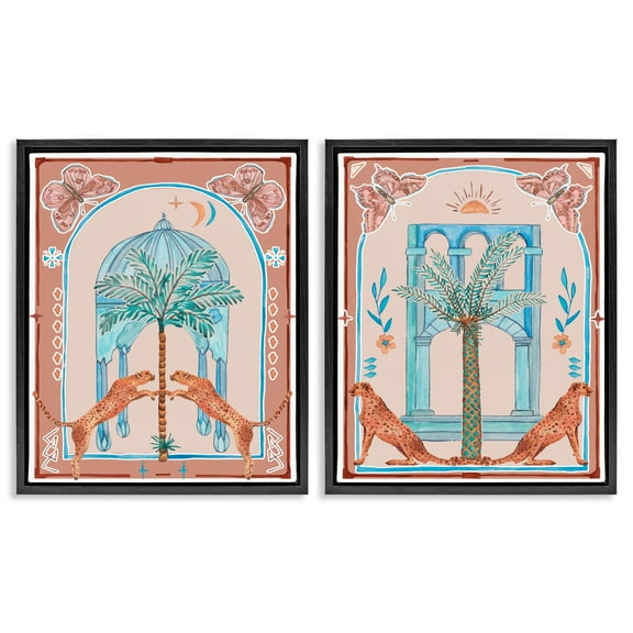Stupell Industries Doorway Cheetah Palms Buildings & Architecture Painting Black Floater Framed Canvas Art Print Wall Art, 17 x 21, Set of 2