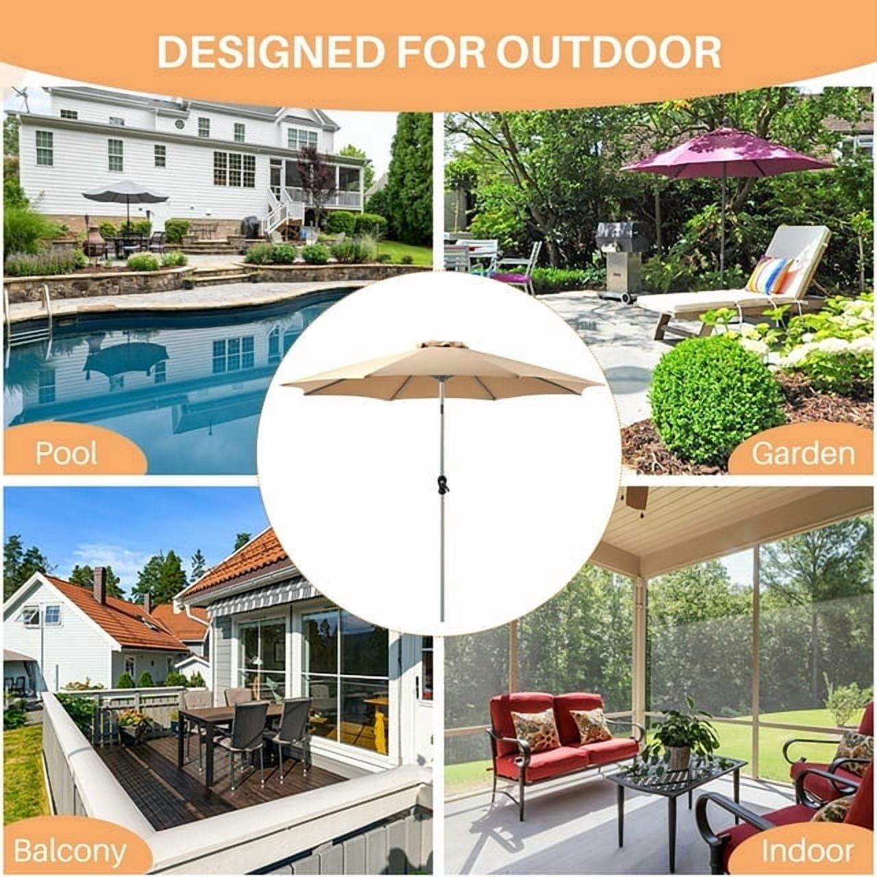 Outdoor Patio Umbrella,9' Outdoor Table Umbrella, Yard Umbrella, Market Umbrella with 8 Sturdy Ribs, Push Button Tilt and Crank, Khaki