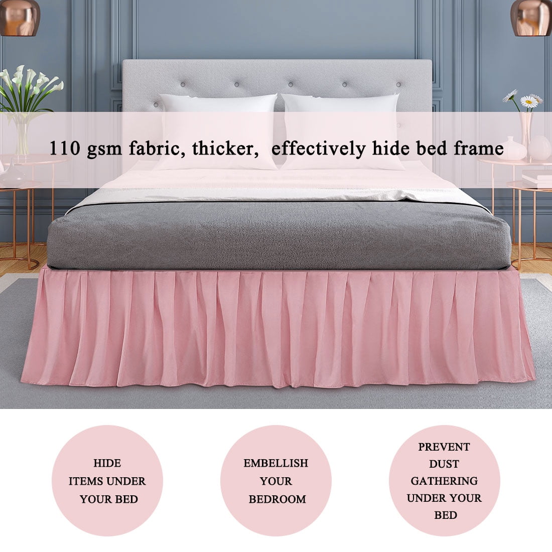 Unique Bargains Polyester Ruffled Bed Skirt with 16" Drop Queen Pink