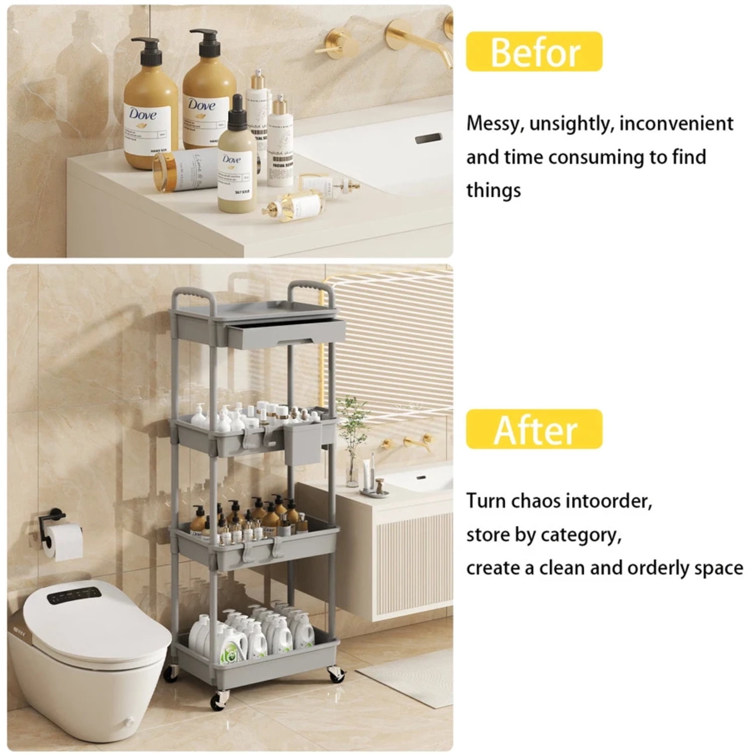 NTGFU 4 Tier Grey Rolling Utility Cart with Drawer, Utility Cart Made Of Multifunctional Storage Organizer Tool for Kitchen,Bathroom,Living Room,Office Outdoor Decor