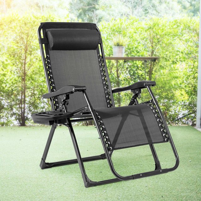 Gymax Folding Zero Weighted Lounge Chair Recliner w/ Cup Holder Tray Pillow Black