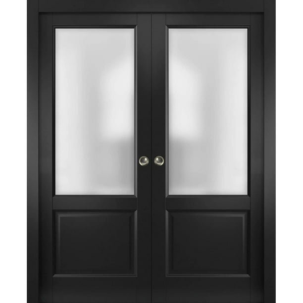 Sliding French Double Pocket Doors Lucia 22 Matte Black with Rain