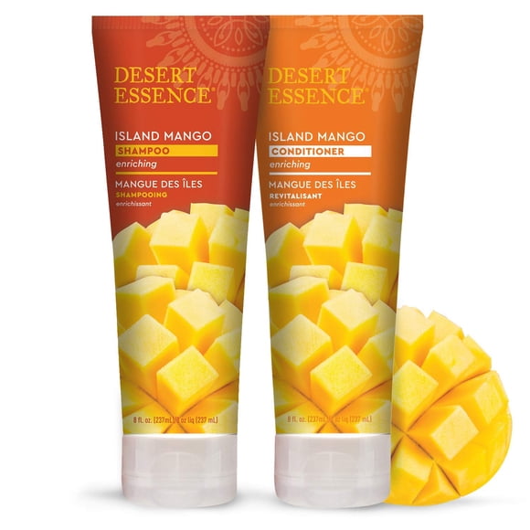 Paquete de champú y acondicionador de mango Desert Essence Island - 8 onzas líquidas - Enriquecedor - Manteca de karité - Aceite de jojoba - Suave y sedoso - Suave y saludable