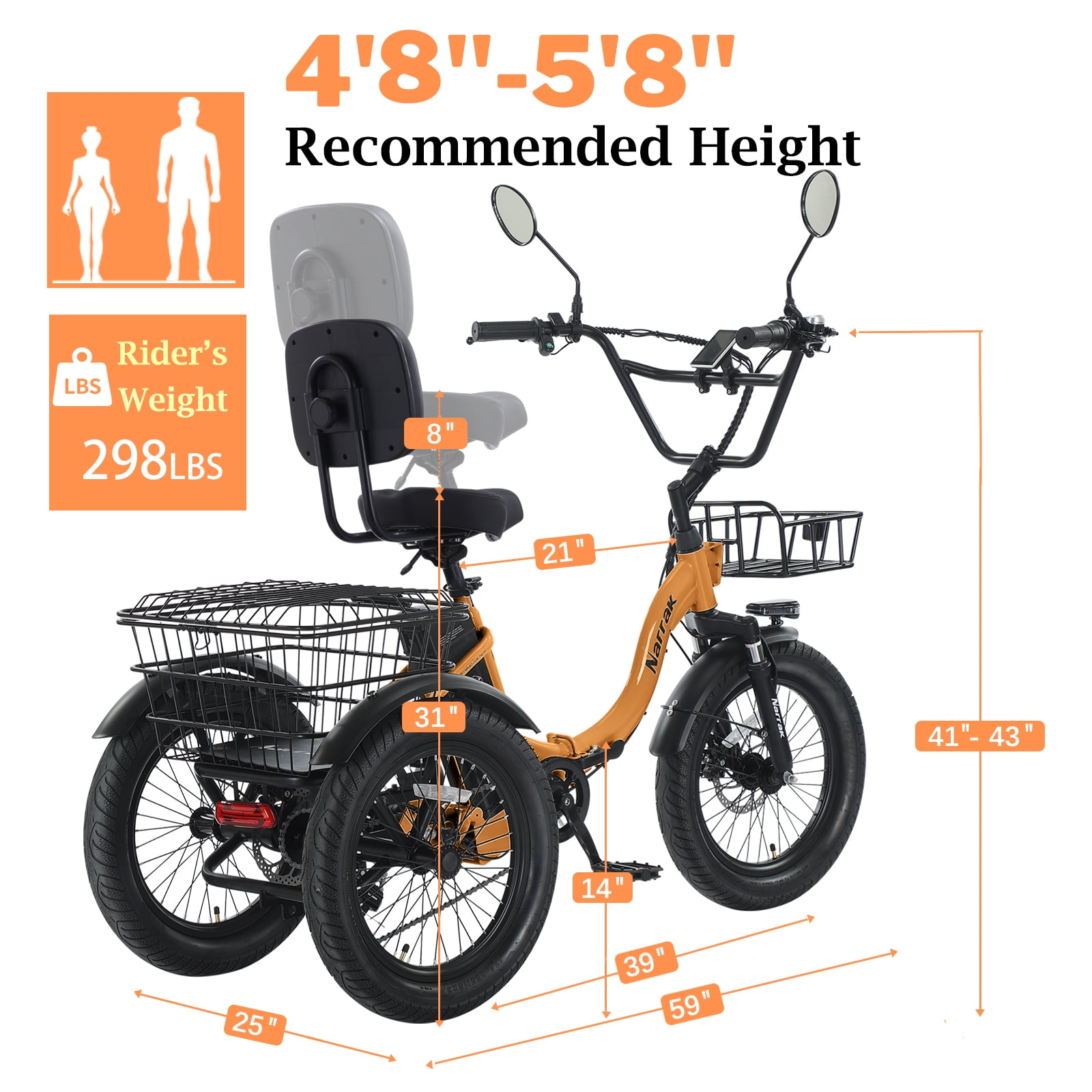 Narrak Electric Tricycle for Adults, Fat Tire Folding Electric Trike, 3 Wheels Electric Bicycle Bikes, Peak 1100W Step-Thru Etrike with 624WH Removable Battery and Large Basket for Women Men
