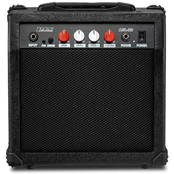 LyxPro Electric Guitar Amp 20 Watt Amplifier Built In Speaker Headphone Jack And Aux Input Includes Gain Bass Treble Volume And Grind - Black