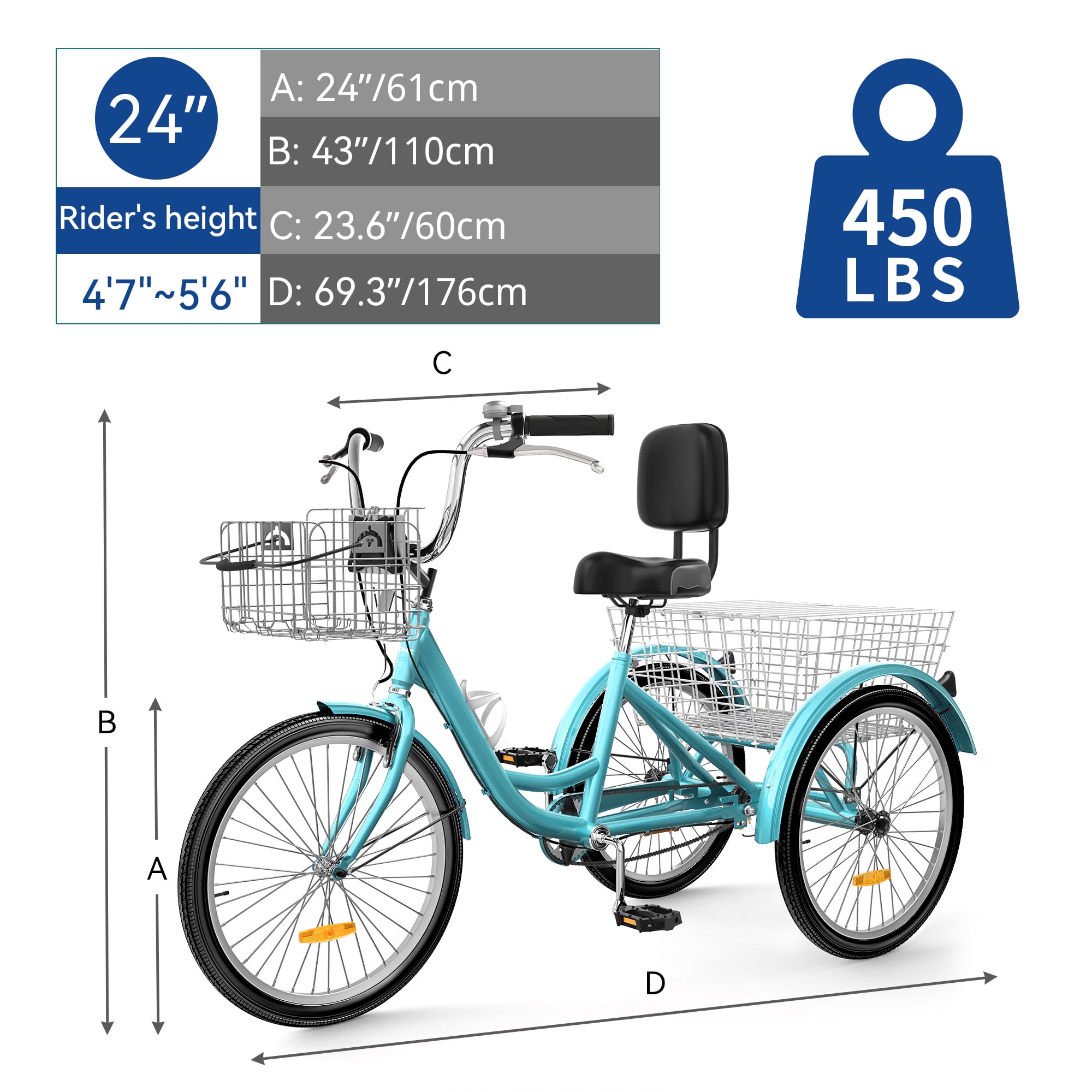 Uforic Adult Tricycle, 24 & 26 Inch Single-Speed 3-Wheel Bike with Removable Baskets, Ideal for Seniors, Shopping, and Outdoor Activities
