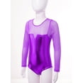thumbnail image 5 of LiiYii Kids Girls Metallic One Piece Gymnastics Leotard Mesh Splice Long Sleeve Rhinestone Dance Unitards Purple 4, 5 of 7