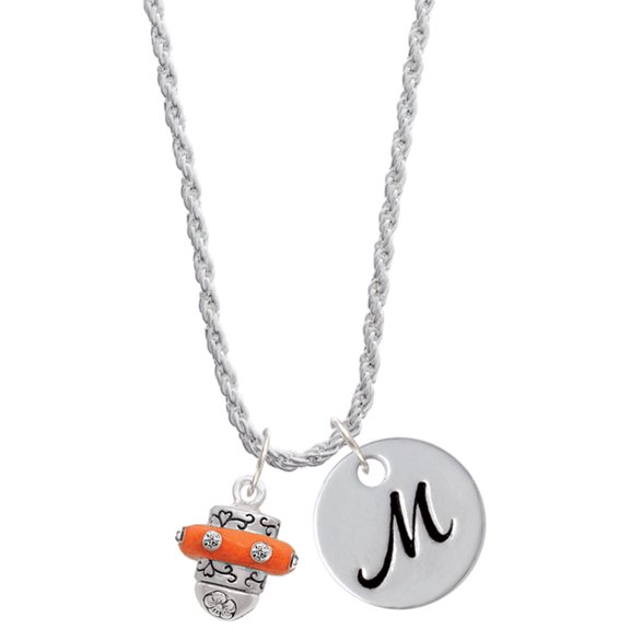 Delight Jewelry Silvertone Crystal Orange Spinner Silvertone Script Initial Disc - M - Charm Necklace, 20"+3"