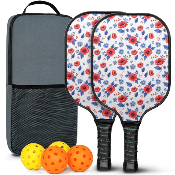 Pickleball Paddles Set,Pioneer Flower Floral Print Pattern Fiberglass Surface Pickleball Racket Set with 2 Indoor Outdoor Pickleball Balls and Pickleball Bag,Pickle-ball Equipment