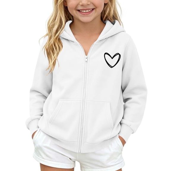 BLVB Boys Girls Zip up Hoodies Teen Full-Zip Heart Graphic Sweatshirts Jacket Casual Fall Outwear with Pocket(White,13-14 Years)