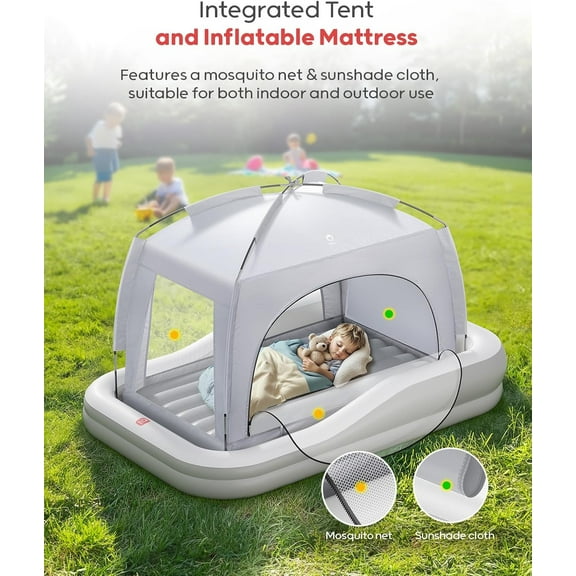 Inflatable Toddler Travel Bed with Tent, Baby Crib Tent, Portable Kids Air Mattress with Safety Bumpers, Ideal for Home, Grandma's, Camping, Traveling (Grey)