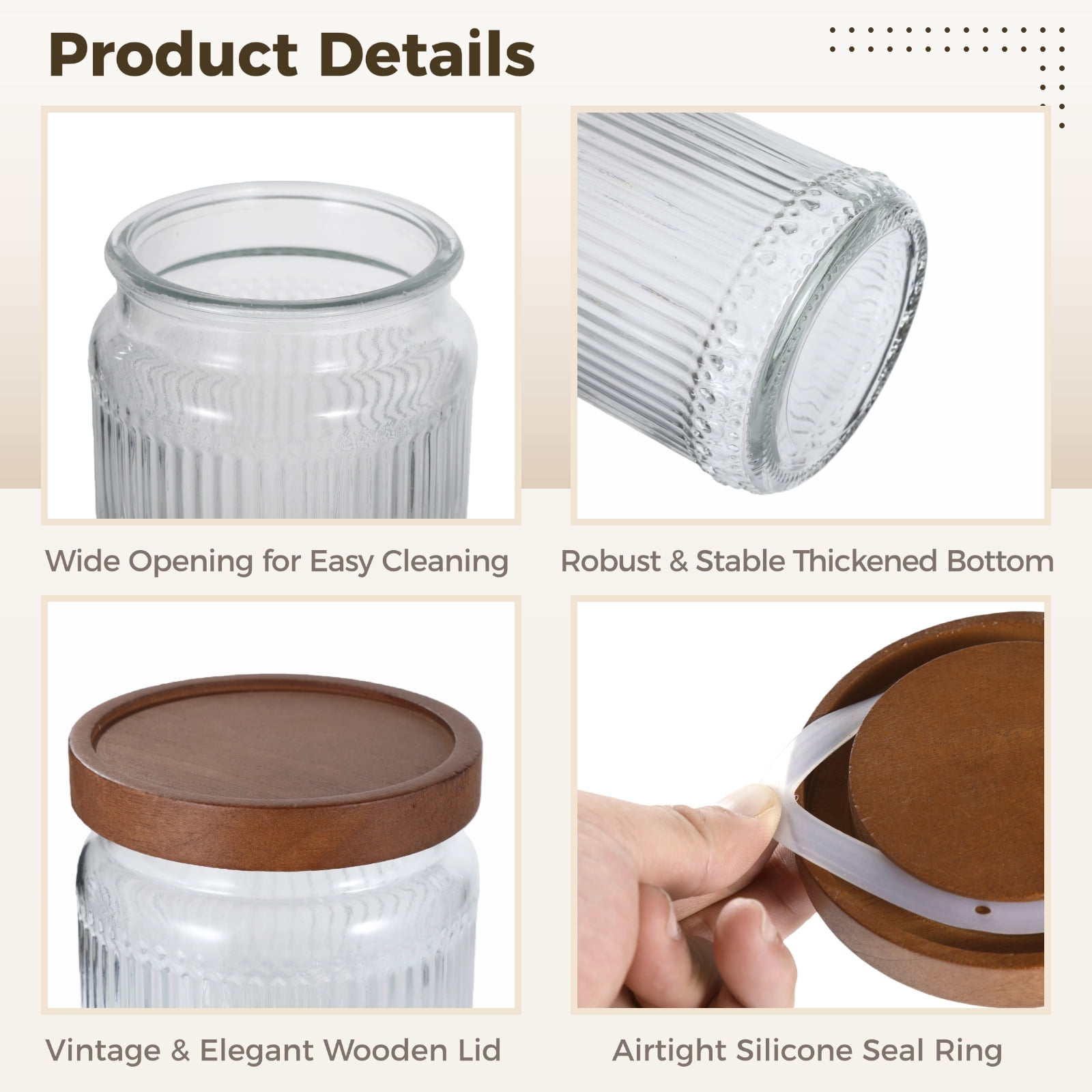 4 Pcs Ribbed Glass Jars with Lids, 32 oz Large Storage Canisters with Airtight Wooden Lids, Vintage Clear Food Storage Containers for Candy, Coffee Beans, Grains, Tea, Sugar