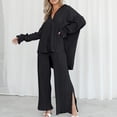 thumbnail image 2 of Women 2 Piece Pleated Set Long Sleeve Button Shirt Wide Leg Pants Outfits Solid Color Casual Loose Sleepwear Sets (Black L), 2 of 6