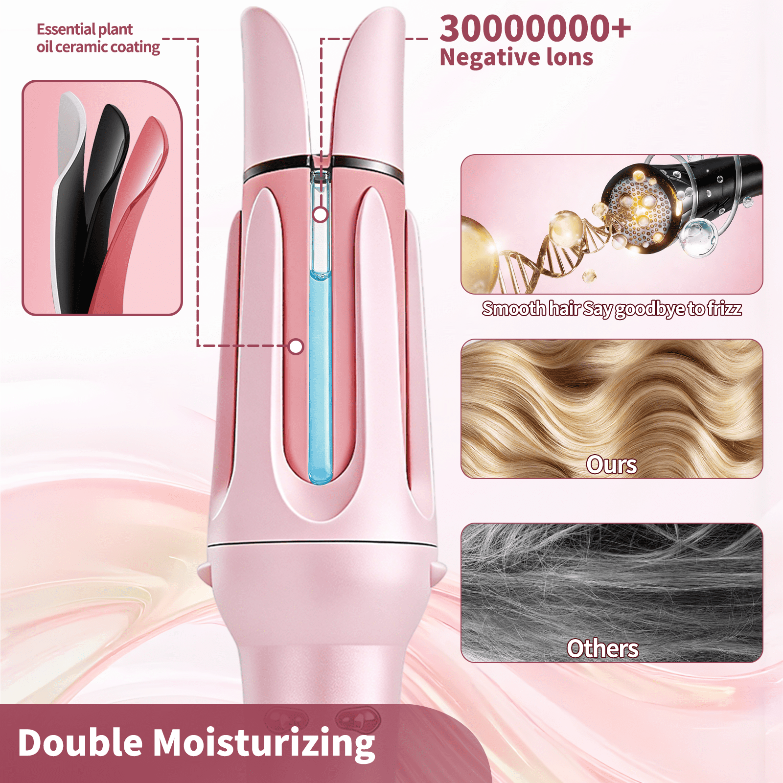 3-in-1 Auto Rotating Curling Iron with Waver & Straightener Brush, Anti-Scald Hair Styler Pink