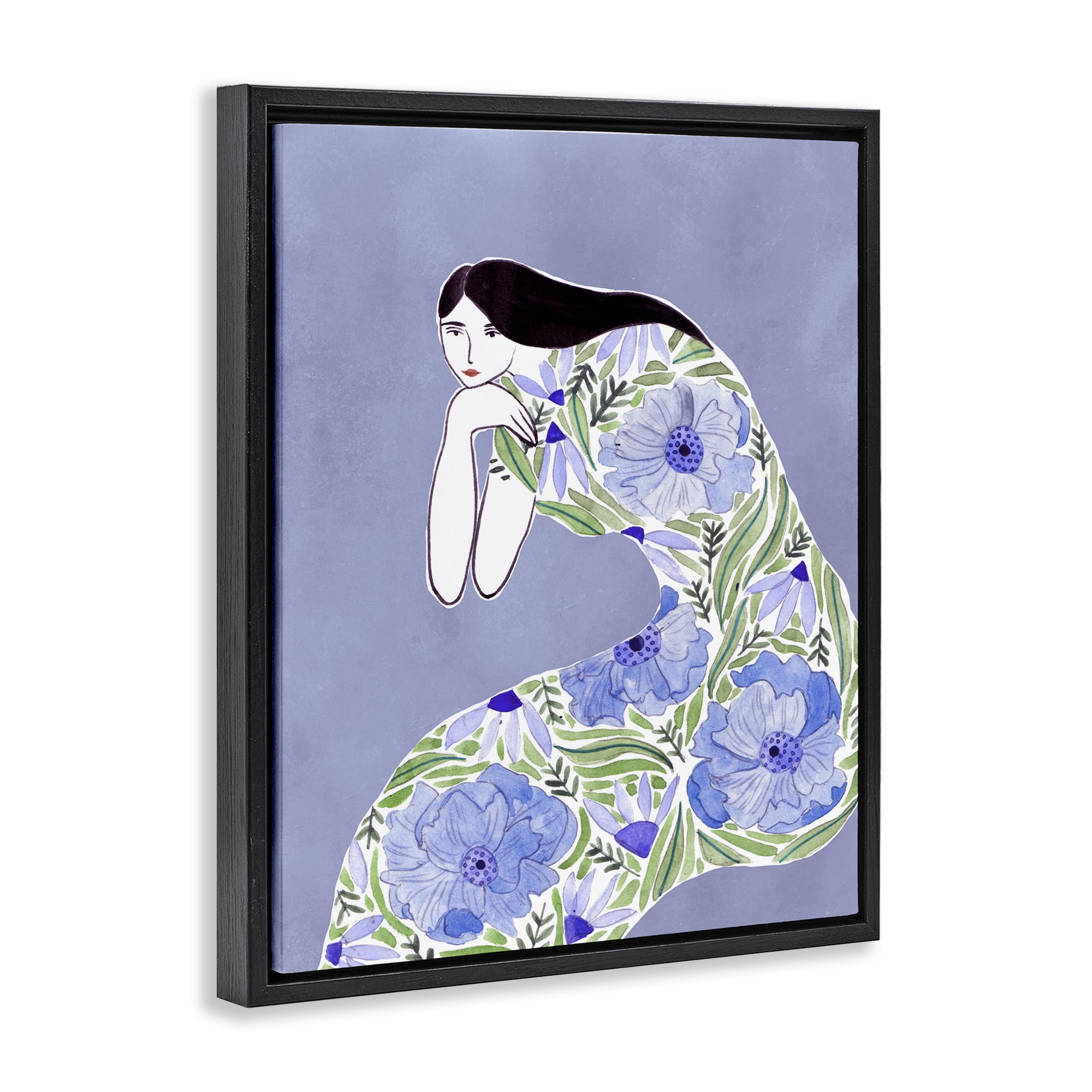 Stupell Industries Blue Floral Dress People Painting Black Floater Framed Canvas Art Print Wall Art, 25 x 31
