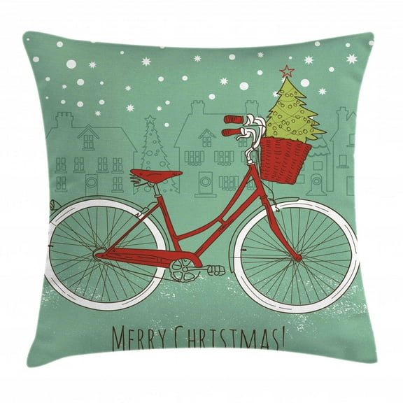 Christmas Throw Pillow Cushion Cover, Hand Drawn Vintage Bike with Small Xmas Tree House Silhouettes Snow, Decorative Square Accent Pillow Case, 16 X 16 Inches, Almond Green Red White, by Ambesonne