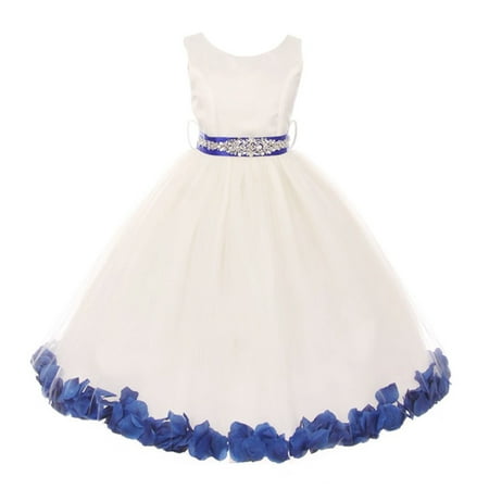 Girls White Royal Blue Sash Petal Jewel Embellished Junior Bridesmaid