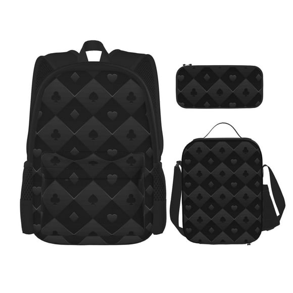 Disketp Black Poker Mochila Estampada de Gran Capacidad con Lonchera y Estuche, Set de 3 Piezas para Estudiantes