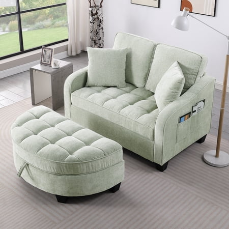 MIKIBAMA 54.8" Oversized Curved Chaise Lounge Chair with Ottoman, Cyan Chenille