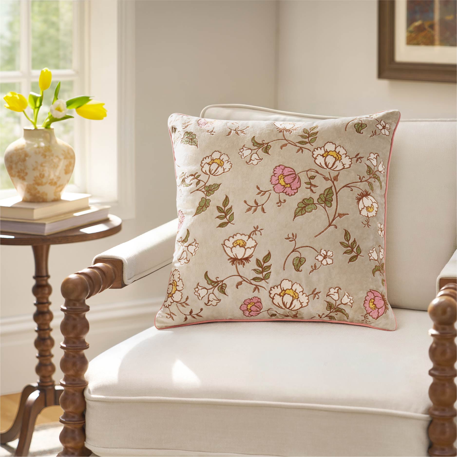 The Pioneer Woman Velvet Embroidered Floral Beige Decorative Pillow, 18" x 18"