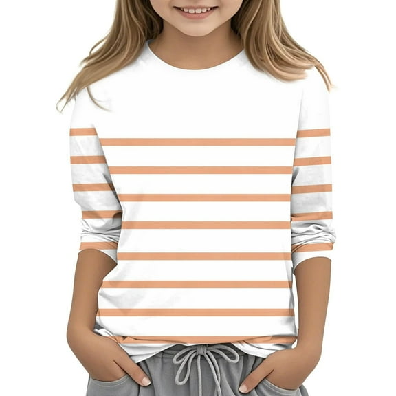 breaise Girl's 3/4 Sleeve T Shirts Trendy Stripe Print Crewneck Tops Casual Tunic Shirts Kids Three Quarter Length Blouses