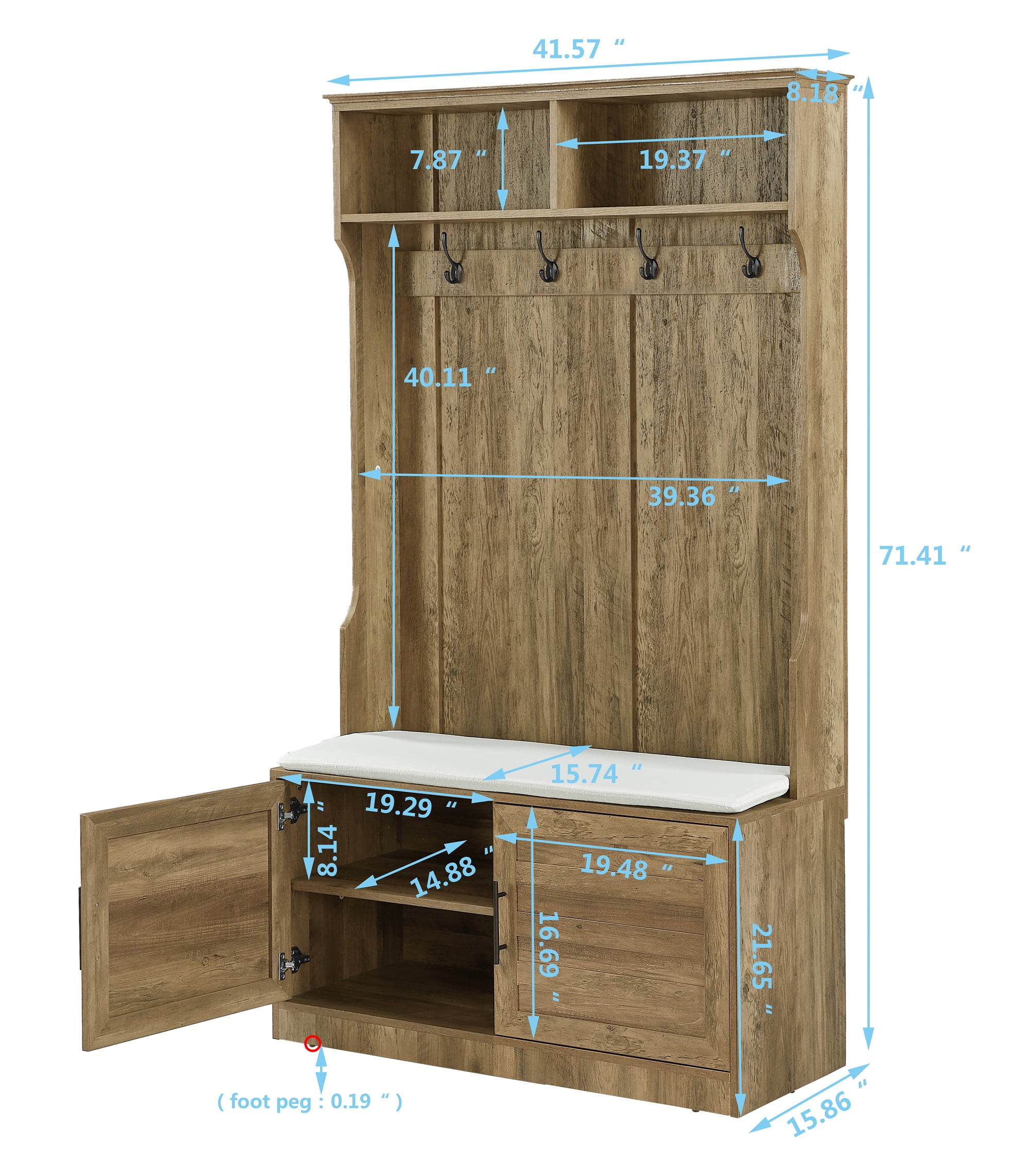 HUTWIFE 71Entryway Bench,Vintage Hall Tree with Coat Rack and Storage Bench,  Wood Coat Tree for Hallway, Living Room(White Oak) 