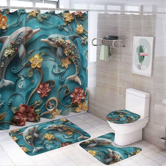 4Pcs Dolphin Nautical Shower Curtain Sets with Rugs, Toilet Lid Cover and Bath Mat, 3D Art Floral Abstract Ocean Bathroom Shower Curtains Set with 12 Hooks