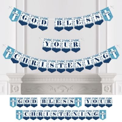 Christening Blue Elegant Cross - Boy Religious Party Bunting Banner - Party Decorations - God Bless Your Christening