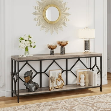 1Easylife 71 Inch Extra Long Console Table, Industrial Narrow Sofa Table Entry Table Behind Couch Table with Open Storage Shelf Grey - Wood