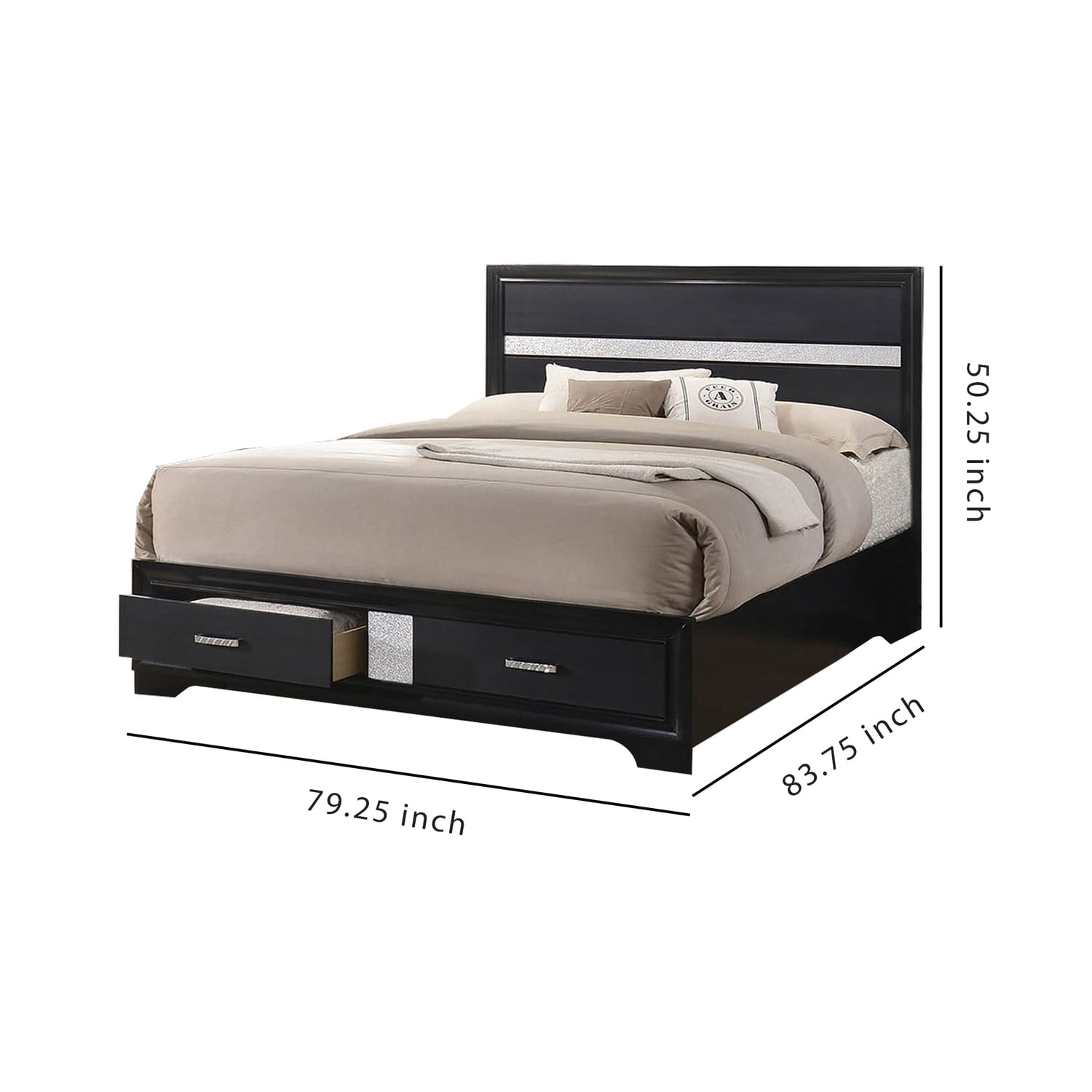 Wooden Eastern King Size Bed with 2 Storage Drawers Black and Silver - Saltoro Sherpi