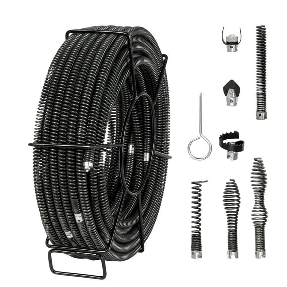 KFFKFF Sewer Line Auger 100 FT x 5/8 Inch, Efficient Sectional Pipe Cleaning Cable with 7 Blades, Suitable for 0.8" to 3.9" Diameter Pipes, Ideal for Sink, Floor, and Toilet Drains