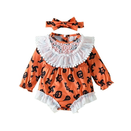 

Capreze Halloween Bodysuit Buttons Playsuit for Infant Ruched Jumpsuit Travel Lace Stitching Romper Orange Red 90cm
