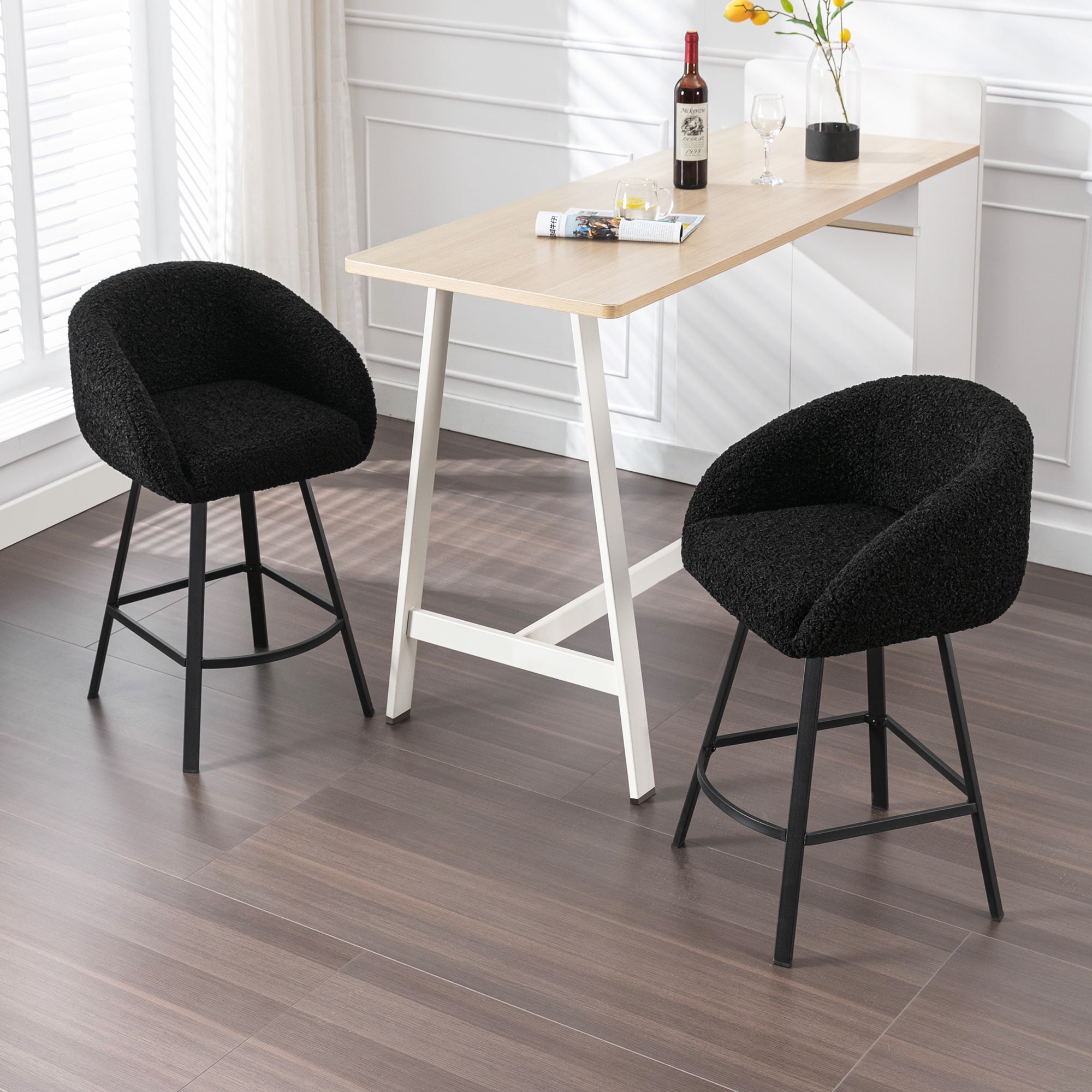 Zesthouse Swivel Counter Height Bar Stools Set of 1, 26.4" Counter Height Sherpa Upholstered Barstools with Barrel Back and Arms, Modern Counter Stool for Pub Kitchen Island, Black