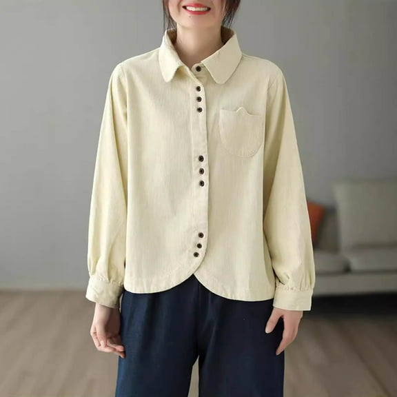 absuyy Womens Shirts Button Up Solid Color Long Sleeve Lapel Casual Tops Beige Shirt Size XL