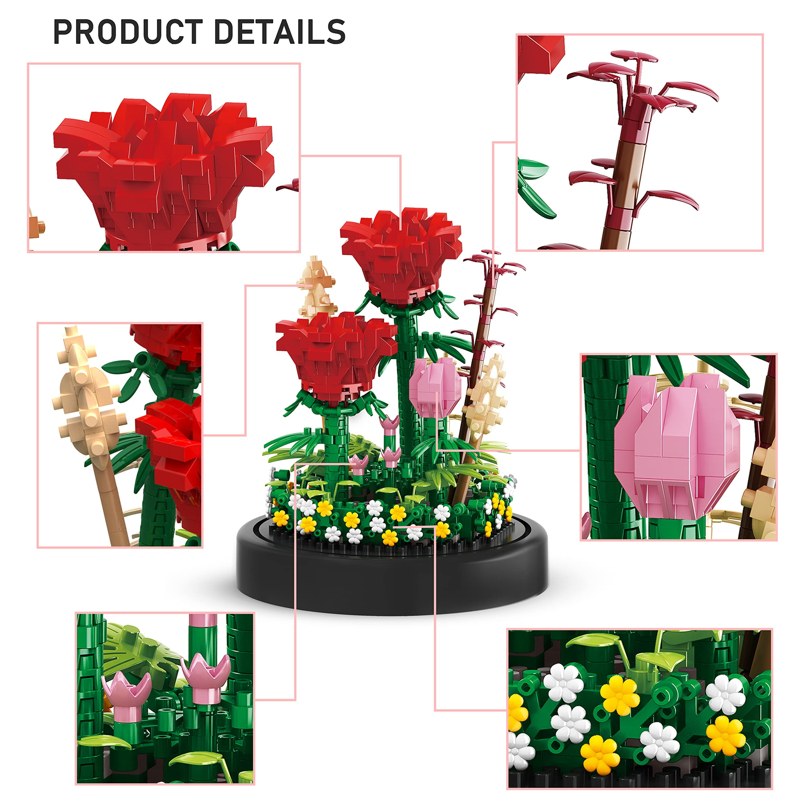 Flower Bouquet Building Kit, 524 Pcs Mini Bricks Building Blocks Sets,  Forever Rose Decorated Flower with Dust Cover, Valentine's Day Gifts for  Her