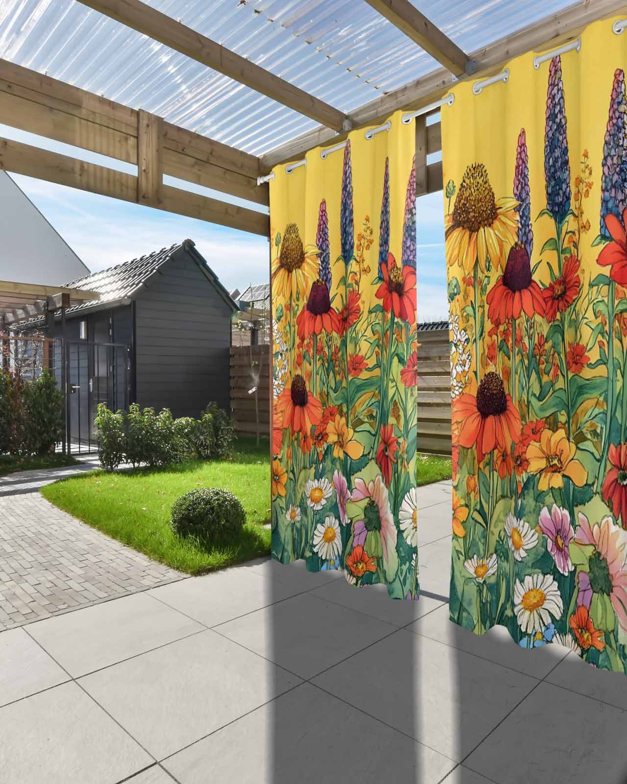nqOlkjepod Outdoor Curtains for Patio Waterproof, Vintage Sunflowers Botanical Outdoor Privacy Panels Grommet, Colorful Floral Daisy Blackout Outside Curtains for Porch/Cabana 54"x84", 2 Panels