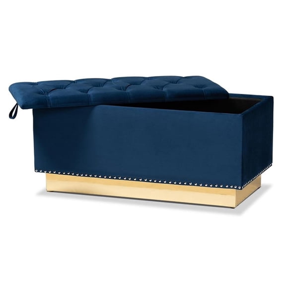Bowery Hill Navy Blue Velvet Fabric Upholstered and Gold PU Leather Ottoman